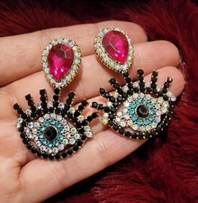 Stunning Unusual Turkish Design Crystals Rhinestones Lucky Eye Earrings PINK