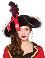 Adult Ladies Black Pirate Captain Hat & Feather Fancy Dress Caribbean New