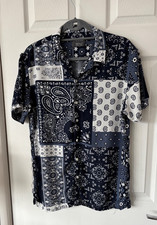 Mens Print Shirt medium Primark Navy White short sleeves summer (A10)