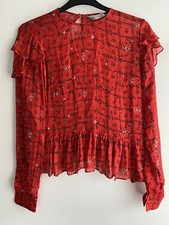 Preen Line Red  Black Size XS Sheer Floral Top Frilled Hem & Shoulder detail
