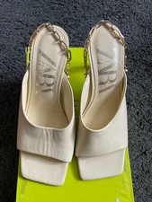 Zara Heeled Sandals Gold Chain Strap Square Toe Cream Size EU 38 UK 5