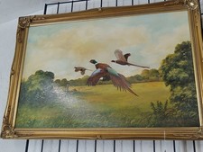 Oil Painting Pheasants In Flight Vintage 