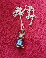 Vintage Articulated Rabbit Charm with Blue Glass Bead Body On Silver Tone Chain