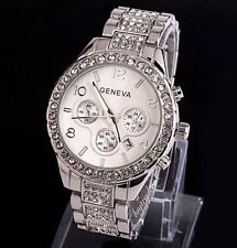SILVER Geneva Chronograph Band Style Lady's Women's Crystals Bling Wrist Watch 