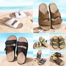 Mens BLACK  LEATHER BUCKLE STRAP CORK Corkbed Mule Slip on Sandals UK STOCK