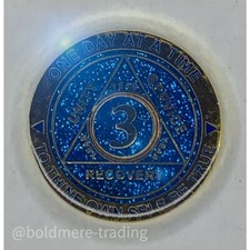 3 Year Alcoholics Anonymous Medallion Blue Gold Plated AA Sobriety Chip Coin