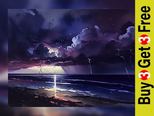 Dramatic stormy sea - stormy, watercolor