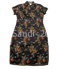 Jin Yuan Black Dragon Print Qipao/Cheongsam-Style Silky Satin  short Dress