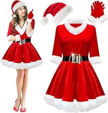UK Women Christmas Velvet Fancy Dress with Hat Socks Outfit Santa Claus Costume