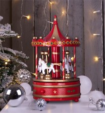 Mechanical Carousel Music Box Wooden Christmas Decoration Ornament Festive RED