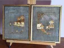 Handmade Pair Of Vintage Oriental Art Bamboo Straw Pictures - Folk Art