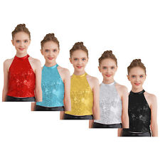 UK Girls Sequins Halter Neck Sleeveless Crop Tops Dance Tank Tops Dancewear