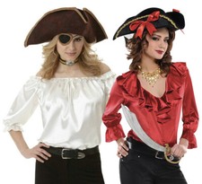 LADIES PIRATE BLOUSE RED IVORY BUCCANEER COSTUME WOMENS CARIBBEAN FANCY DRESS