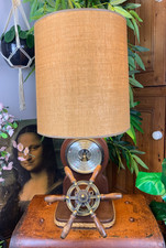 QUIRKY MID CENTURY VINTAGE WOODEN NAUTICAL SHIPS WHEEL LAMP & BAROMETER 32"H
