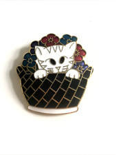 Vintage Jewellery Cloisonne Enamel  Kitten Cat Flower Basket Brooch Pin 4cm Cute