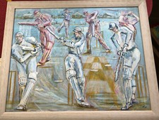 S.A. Sandry Cricketing Dynamic Watercolour & Oil Picture titled "IN" by - 64.5cm