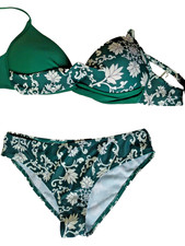 Shein UK M/L Dark Green Mix Wire Free Boost Padded Floral Bandeau Bikini Set