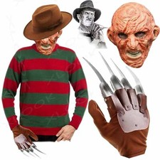 MENS NEW FREDDY KRUGER HALLOWEEN FANCY DRESS RED/GREEN STRIPED JUMPER HAT GLOVES