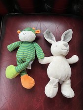 Soft toys-ELC green striped cow with rattle-Beamfeature white rabbit-10 inches