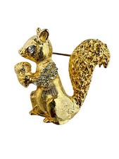 Vintage 1980s Squirrel Brooch Acorn  Made with Swarovski Crystals Gold Plated
