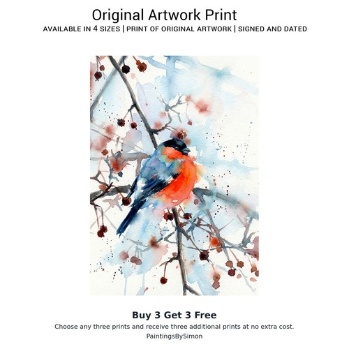 Bullfinch bird twig print - on,