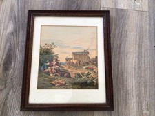 Delightful Vintage Gypsy Encampment Dog & Horses Coloured Picture In Frame