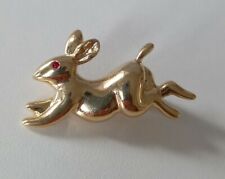 VINTAGE !!! GOLD Tone "Running RABBIT" BROOCH Size: 2 x 4 cm with RED Crystal 