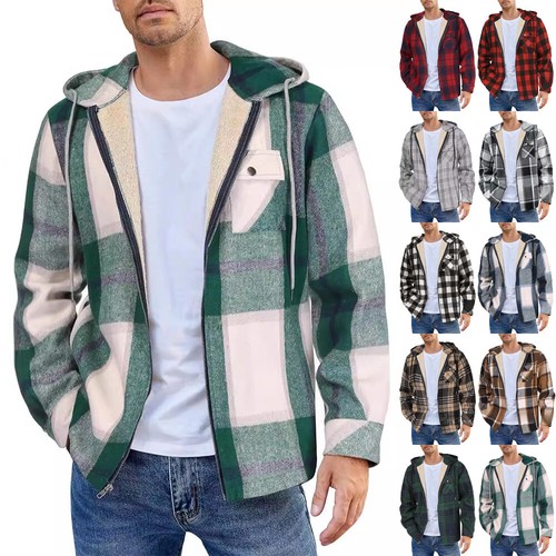 Mens check coat fleece fur - check,