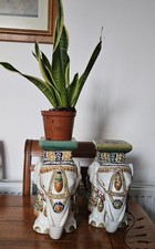 Pair Of Vtg Large Glazed Ceramic Indian Elephant Plant Stands,or Jardinieres