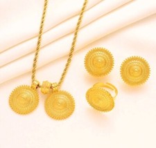 Dubai 24K Gold Plated Bridal Party Necklace Earrings Ring Jewellery Set Indian