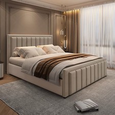 Stripe Line Bed Velvet Upholstered Ottoman Storage Bed Frame with Headboard