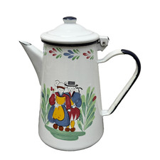 Vintage French Enamelware Enamel White Cafetiere Motif Coffee Pot