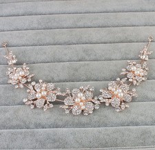 Rose Gold Rhinestone Headdress Pearl Bridal Headpiece Crystal Wedding Hair Vine