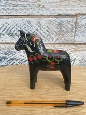 Vintage Swedish Nils Olsson Hand Painted Black Dala Horse 14cm High
