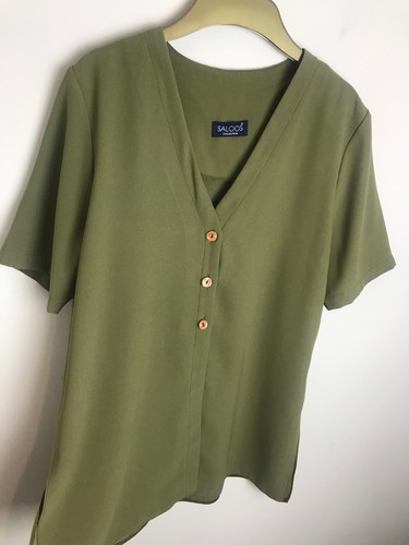 Khaki green neck button up - button,