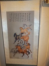 Chinese Pure Silk And Long Scroll Painting Appreciation ' Horses' 125 x 35 cm