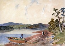 ROWING BOAT & FIGURES ON LAKE Small Victorian Watercolour Painting 19TH CENTURY