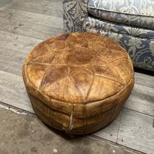Vintage Moroccan Leather Pouffe Ottoman Hand Tooled, Straw Filled, Early 20thC