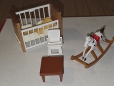 Vintage Lundby Doll House Nursery Set Baby Cot Crib Bed Rocking Horse High Chair