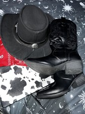 New Real Leather cowboy hat & Western Boots Sz4 With accessories adult / Teen