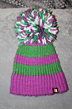 COLOURFUL BIG BOBBLE HAT PURPLE GREEN WHITE