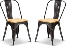 3X Gun Metal Oak Wood Seat Tolix Style Dining Chairs Metal Industrial 