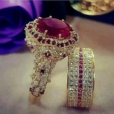 Gold Tone Zircon Ring Red
