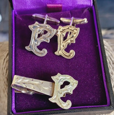 Antique VTG Sterling Silver Old Monogram Initial L P ? Tie Clip & Cufflinks Set