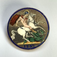 1897 Silver Crown Coin Enamel Brooch Queen Victoria British UK St George 25.28g