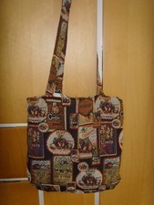 MADE IN BROWN VINTAGE DESIGN TAPESTRY FABRIC 16in Tote shoulder  bag OPEN