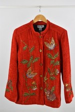 INDIGO MOON Women's Medium Jacket Red Glittery Jacket Embroidered Sequin Floral 