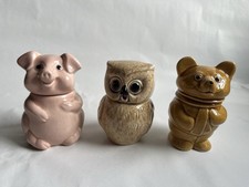 Three Honey Or Preserve Pots Pig, Owl And Bear In Very Good Condition