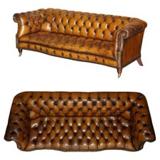 LUXURY VINTAGE SERPENTINE HAND DYED RESTORED BROWN LEATHER CHESTERFIELD SOFA