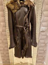 Shearling Belted Coat, Knee Length in Brown Genuine Lambskin Leather